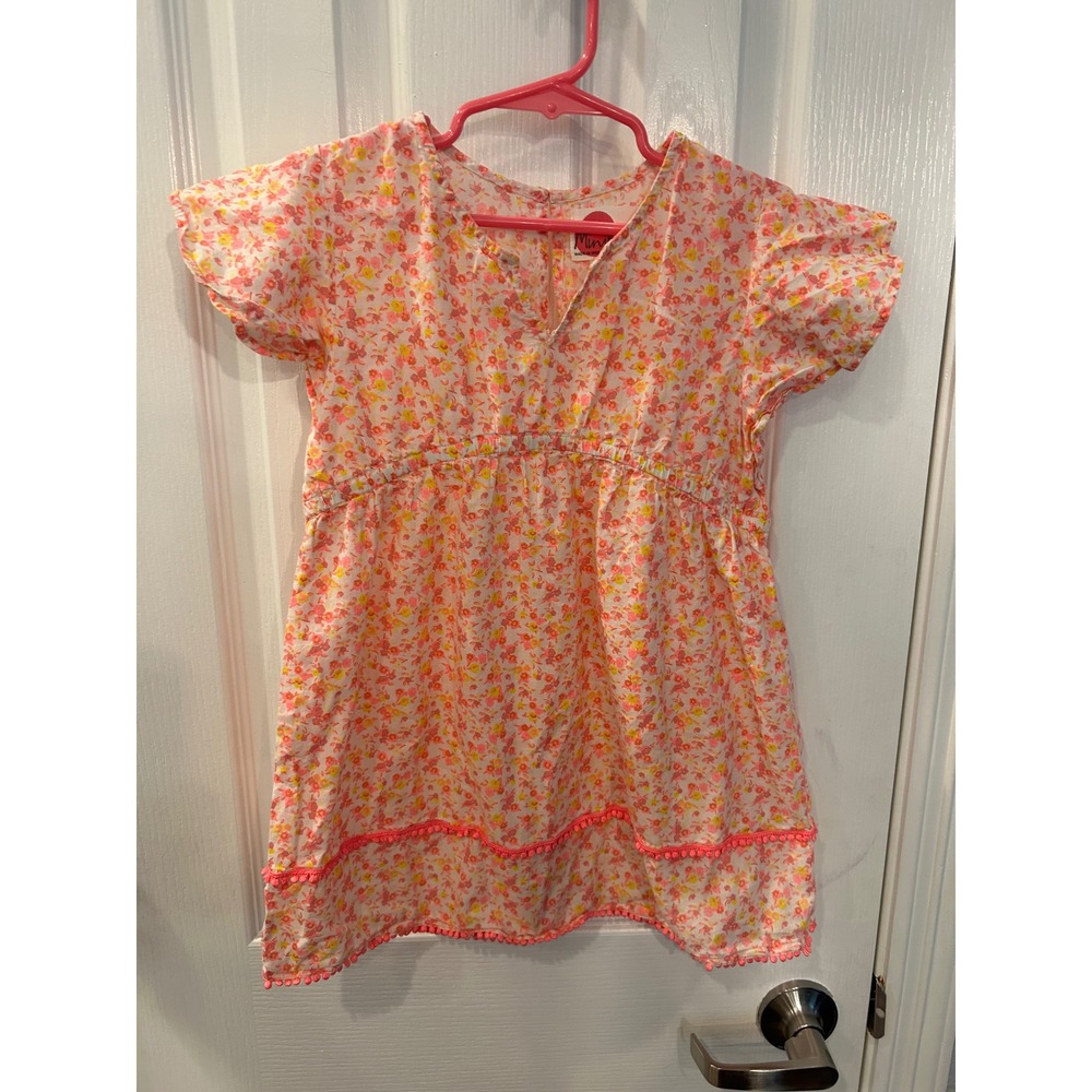 Mini Boden Dress Pink Orange Floral Pom Pom Trim Short‎ Sleeve Girls 5-6Y